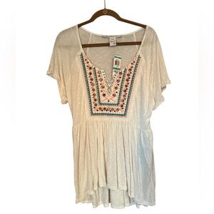 NWT American Rag 0X Boho Western Babydoll Embroidered Cream Short Sleeve Shirt